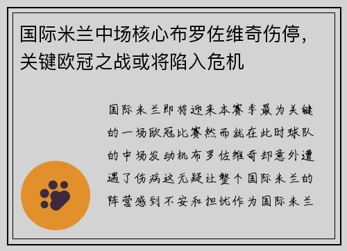 国际米兰中场核心布罗佐维奇伤停，关键欧冠之战或将陷入危机